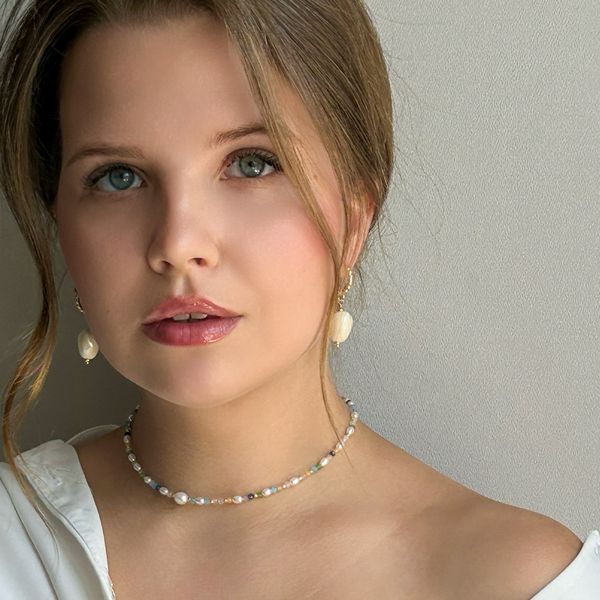 Ніжний кольоровий чокер з натуральних перлин та котячого ока (38) 662 фото
